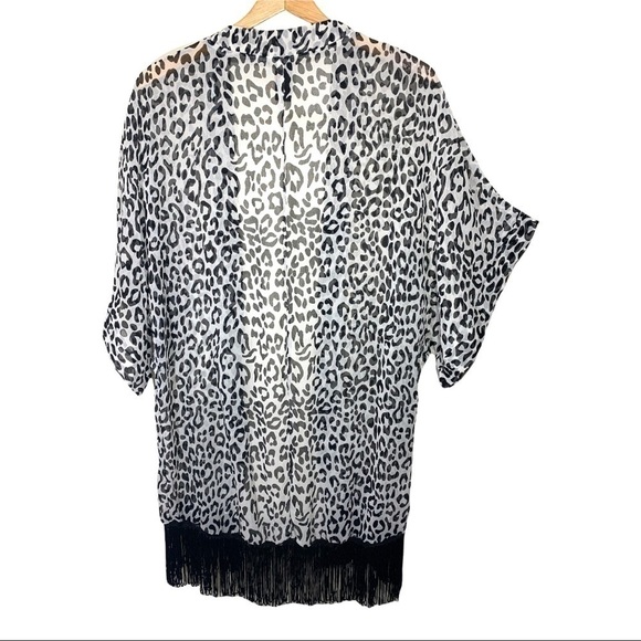 STEVE Madden Sheer Black White Fringed Swim Cover up Kimono Leopards Print O/S - Picture 4 of 10